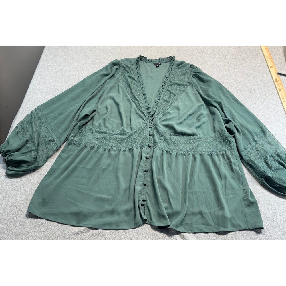 Torrid Blouse Womens 5 Sage Green Lace Ruffle Button Front Babydoll Top Peasant